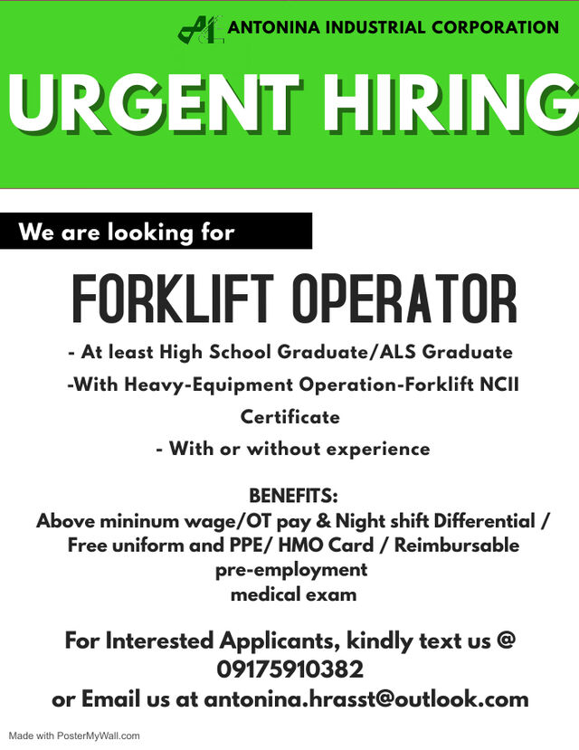 Antonina Industrial Corporation is now Hiring Forklift Operator OFW Buddy