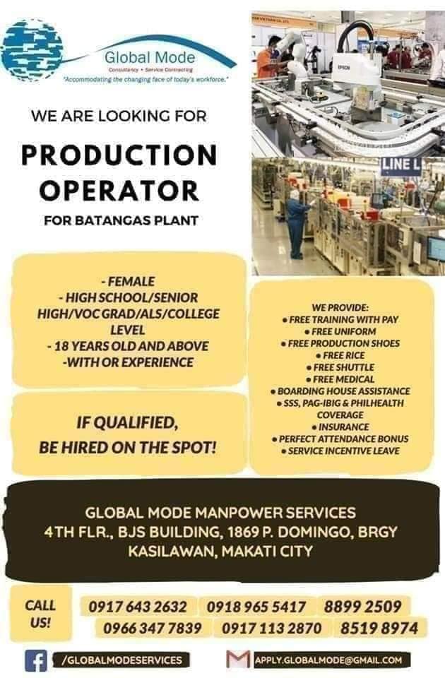 Global Mode Manpower Services is now Hiring Production Operator at