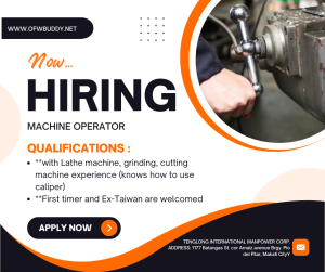 Urgent Hiring Machine Operator bound to Taiwan under Tenglong Agency