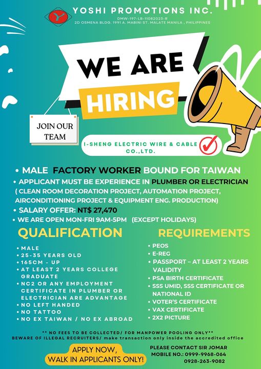 Hiring Factory Workers for ISheng Electric Wire & Cable Co., Ltd