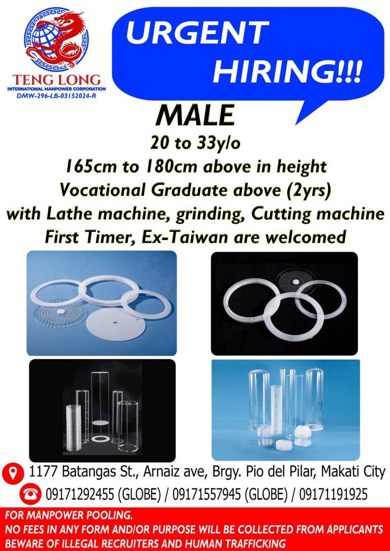 Urgent Hiring Machine Operator bound to Taiwan under Tenglong Agency
