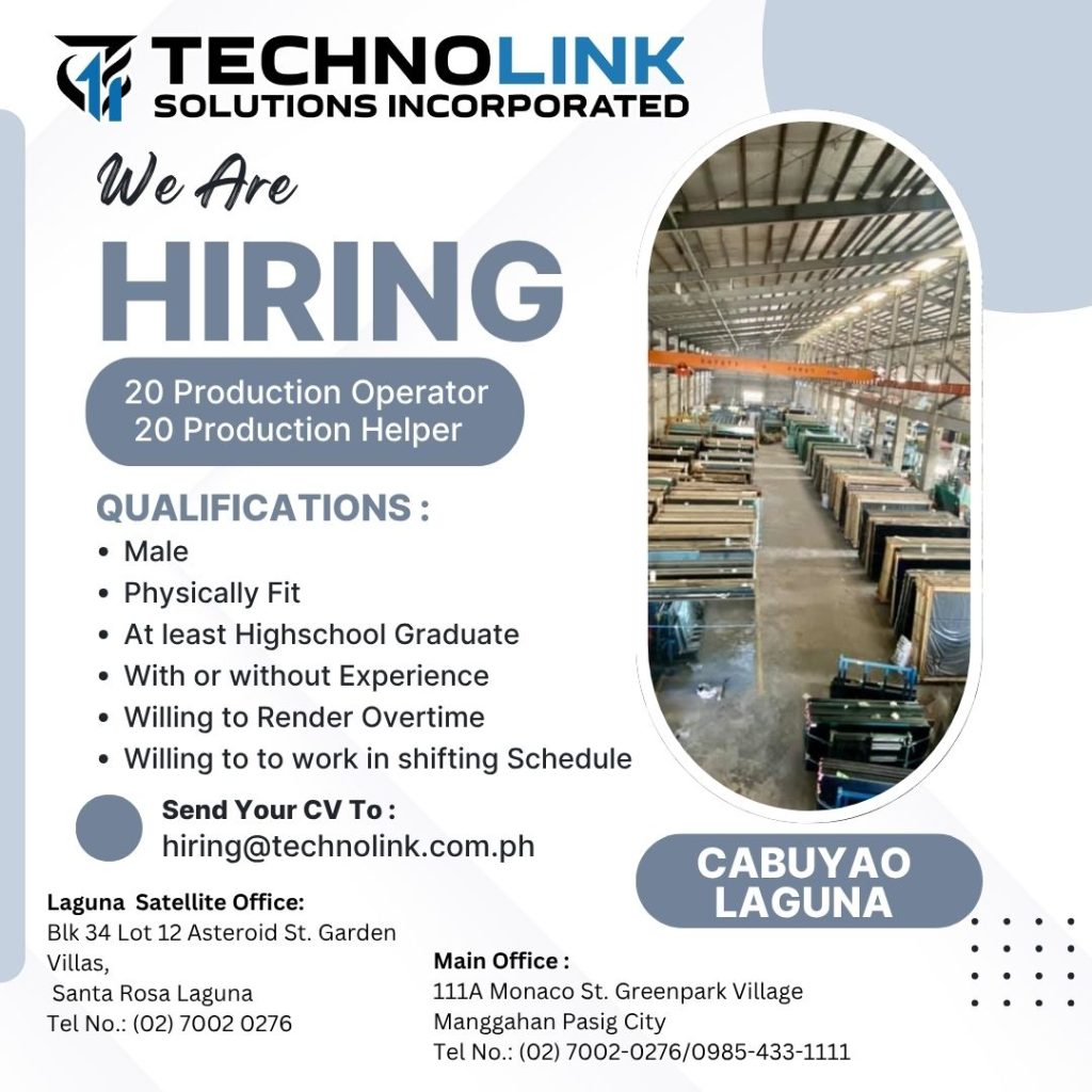 Technolink Hiring Production Operator under TechnoLink Solutions Inc