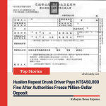 Hualien Repeat Drunk Driver Pays NT$450,000 Fine After Authorities Freeze Million-Dollar Deposit